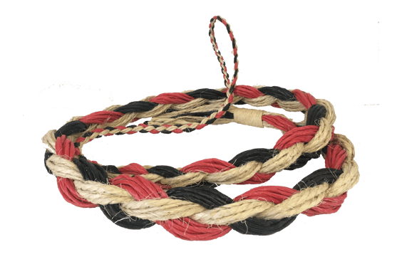 Rodeo Hard Saddle Bronc Reins 1/2 & 1/2; American-Made, Durable Red/Black Poly With Natural Sisal (Grass) - Approx. 6 1/2 - 7 Ft Length; Available In Jr & Adult Sizes